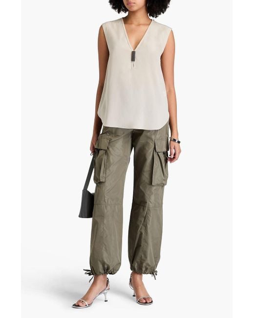 Brunello Cucinelli White Bead-embellished Silk Crepe De Chine Top