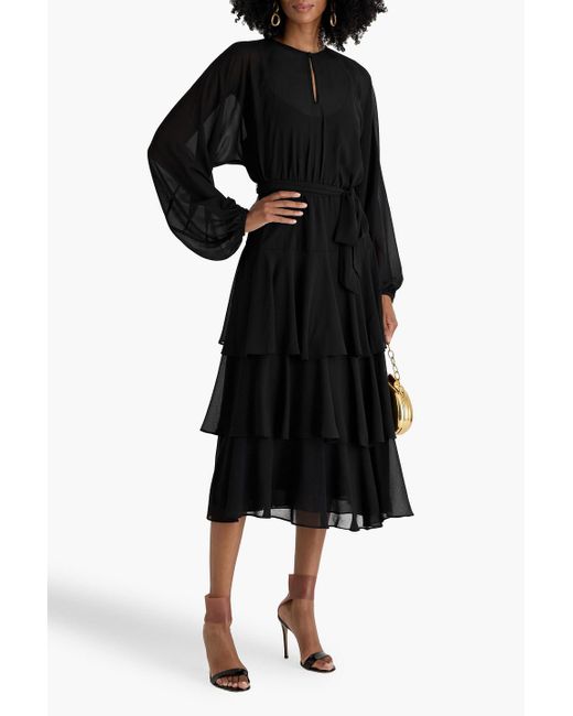 Mikael Aghal Black Tiered Chiffon Midi Dress