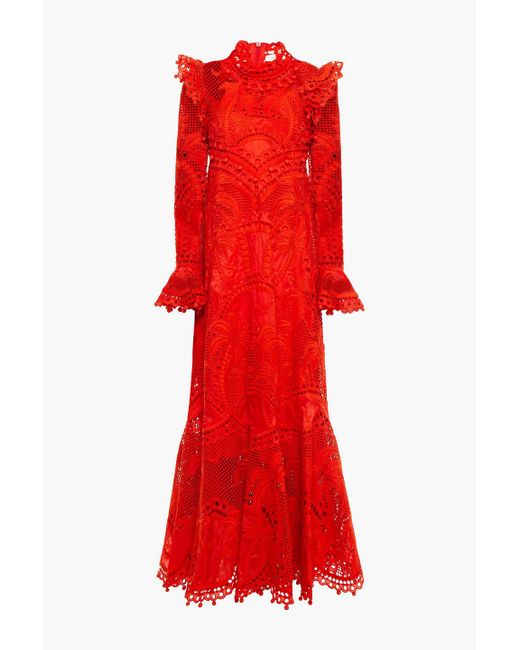 Zimmermann Red Brightside Ruffled Broderie Anglaise Silk-organza And Crochet Maxi Dress