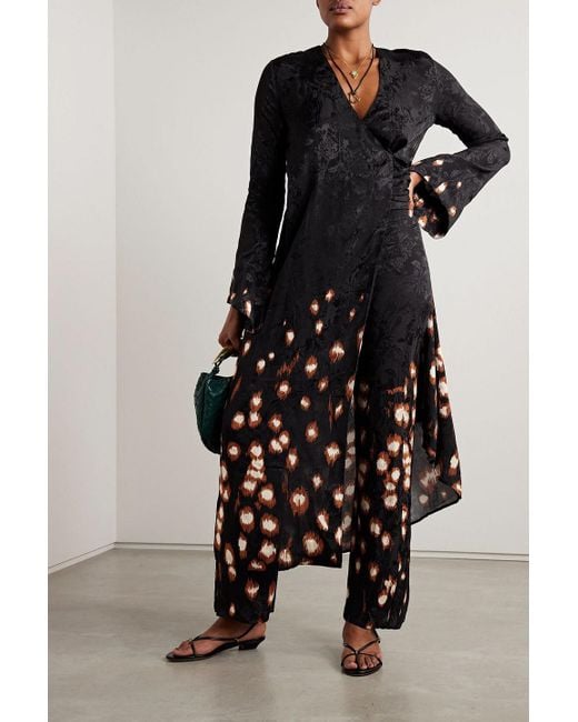 Johanna Ortiz Black Inner Strength Printed Satin-Jacquard Midi Wrap Dress