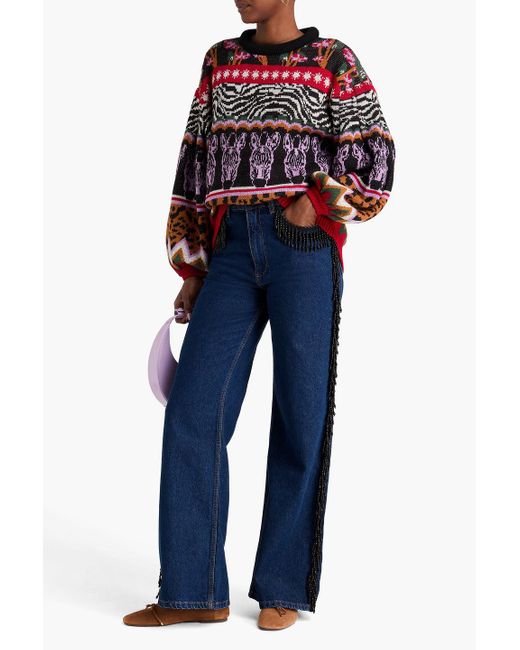 Farm Rio Blue Bead-embellished High-rise Wide-leg Jeans