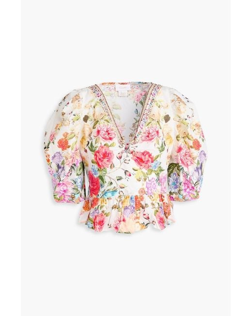 Camilla White Floral-Print Embellished Cotton Top