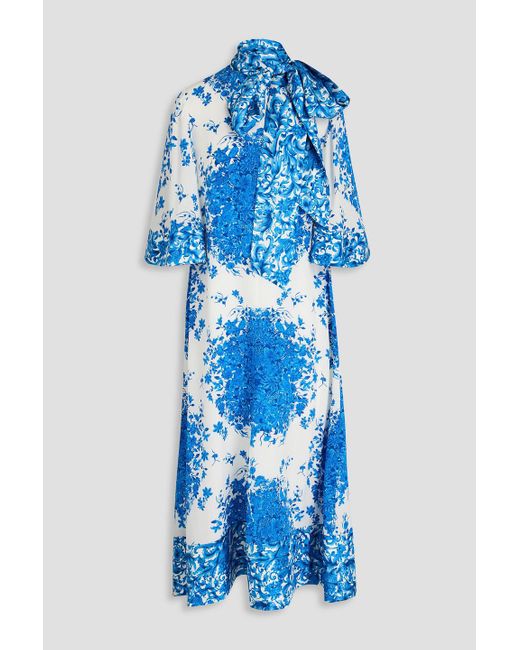 Valentino Garavani Blue Pussy-bow Floral-print Silk-twill Midi Dress