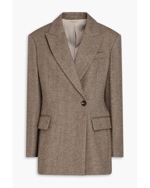 Brunello Cucinelli Brown Double-Breasted Herringbone Wool-Blend Felt Blazer