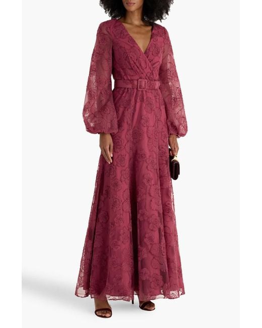 Badgley Mischka Belted Embroidered Tulle Gown
