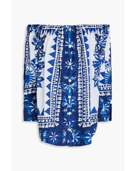 Farm Rio Blue Off-The-Shoulder Printed Cotton-Poplin Top