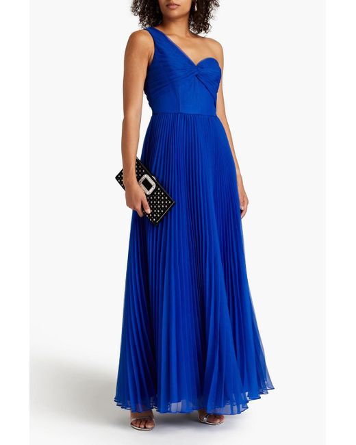 THEIA Blue Mahlia One-shoulder Pleated Organza Gown