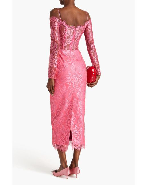 Rasario Pink Cold-shoulder Lace Midi Dress