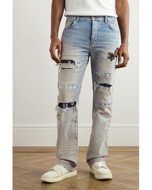 Amiri Blue Skinny-Fit Appliquéd Distressed Paint-Splattered Jeans for men