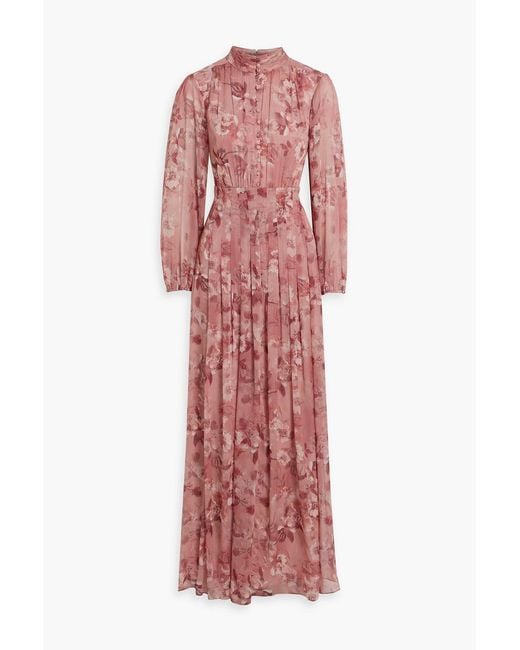 Mikael Aghal Red Pleated Floral-Print Georgette Maxi Dress