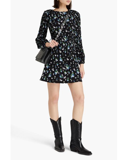 Maje Black Floral-print Plissé-crepe Mini Dress