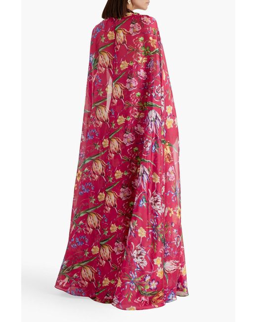 Marchesa Red Cape-effect Floral-print Charmeuse Gown