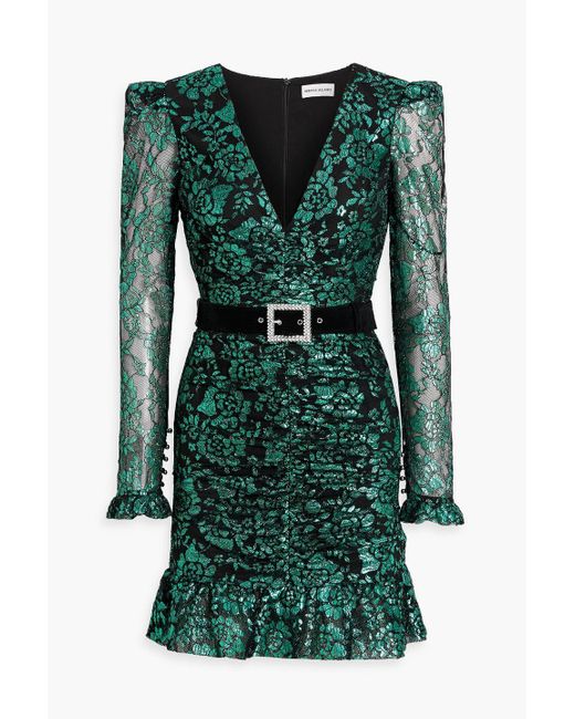 Rebecca Vallance Green Pixie Ruched Metallic Corded Lace Mini Dress