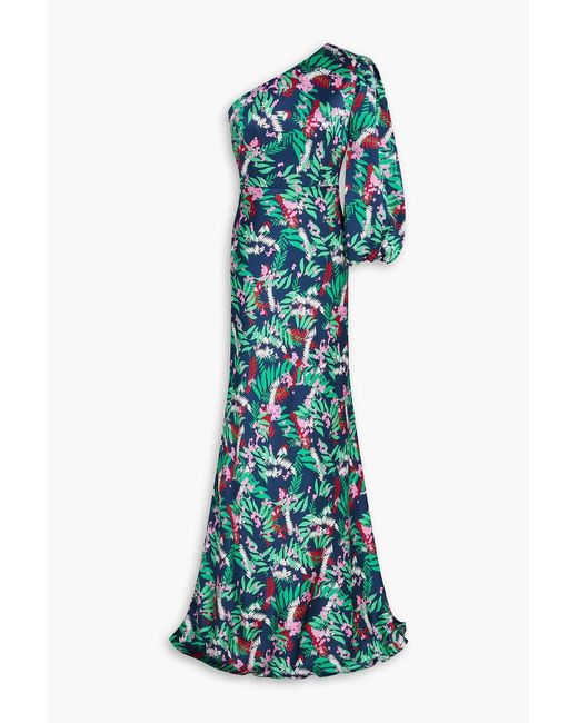 Saloni Green Lily One-Sleeve Floral-Print Silk-Satin Gown