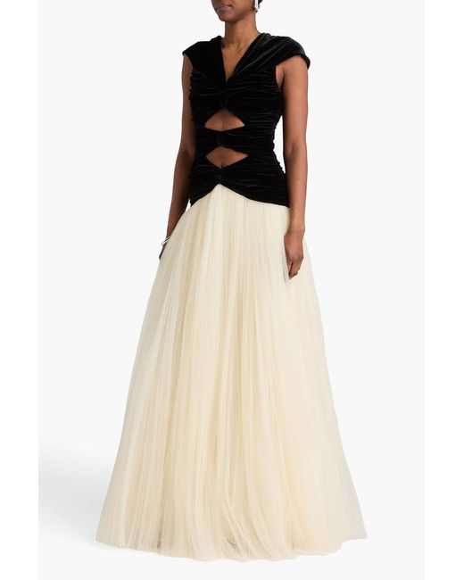 Costarellos Natural Celestine Cutout Velvet-Paneled Tulle Gown