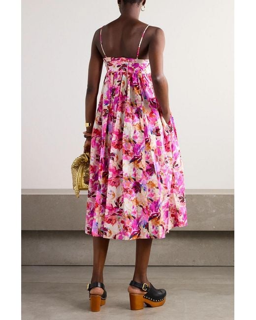 Ulla Johnson Pink Lucille Pleated Floral-Print Cotton-Poplin Midi Dress