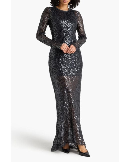 Brunello Cucinelli Black Sequin-Embellished Crocheted Linen-Blend Gown
