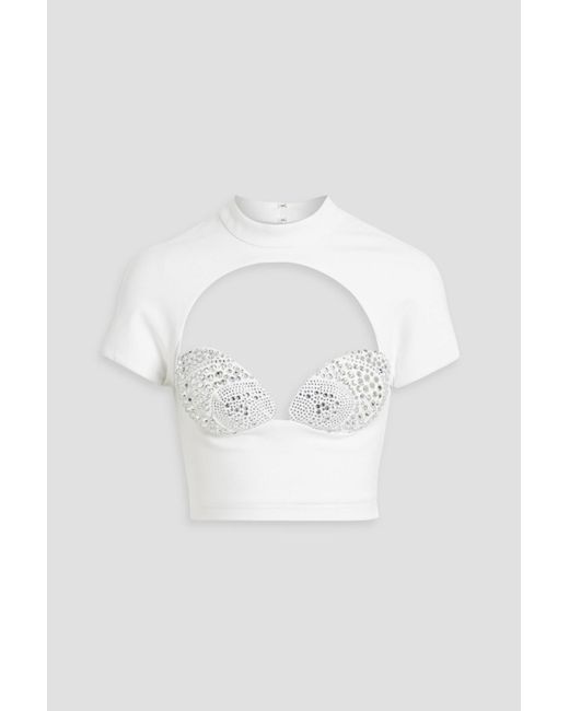 Area White Cropped Cutout Crystal-embellished Jersey Top