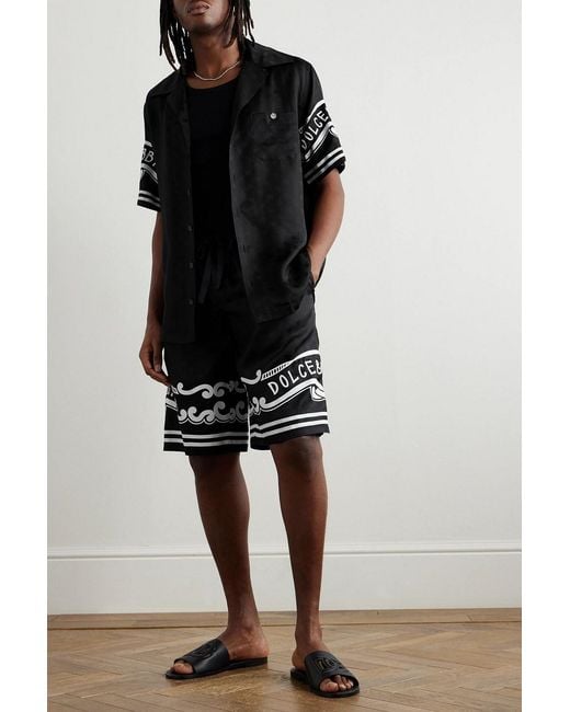 Dolce & Gabbana Black Logo-print Silk-twill Jacquard Drawstring Bermuda Shorts for men