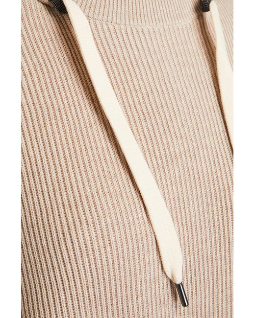 Brunello Cucinelli Natural Minikleid aus gerippter baumwolle mit zierperlen