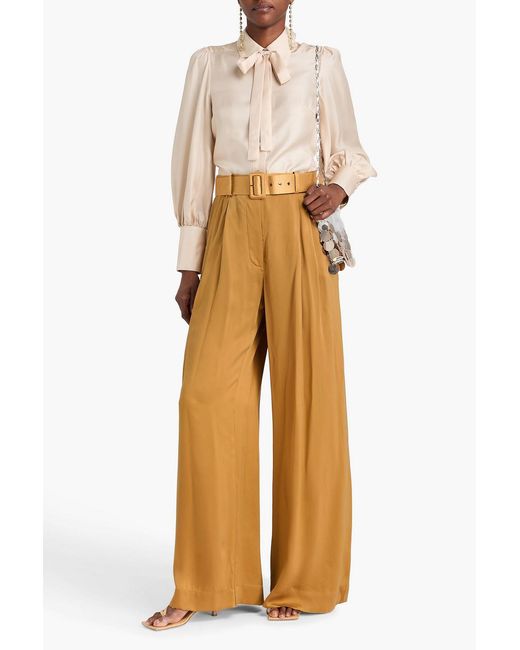 Zimmermann Yellow Belted Pleated Washed-silk Wide-leg Pants