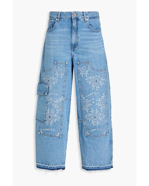 Ganni Blue Embroidered High-rise Cargo Jeans