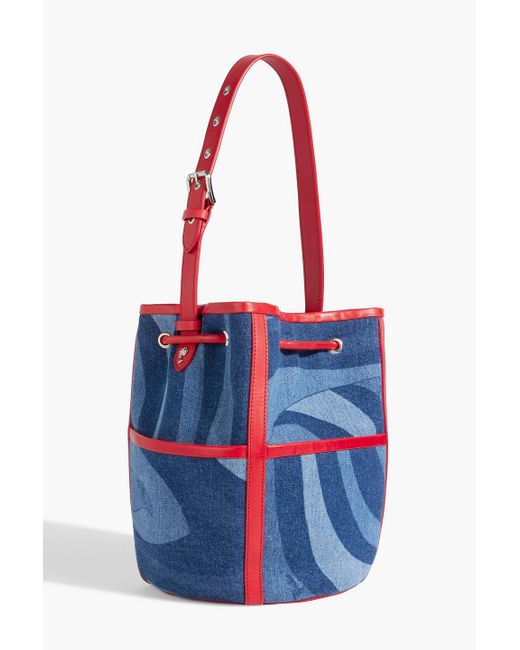 Emilio Pucci White Leather-trimmed Printed Denim Bucket Bag