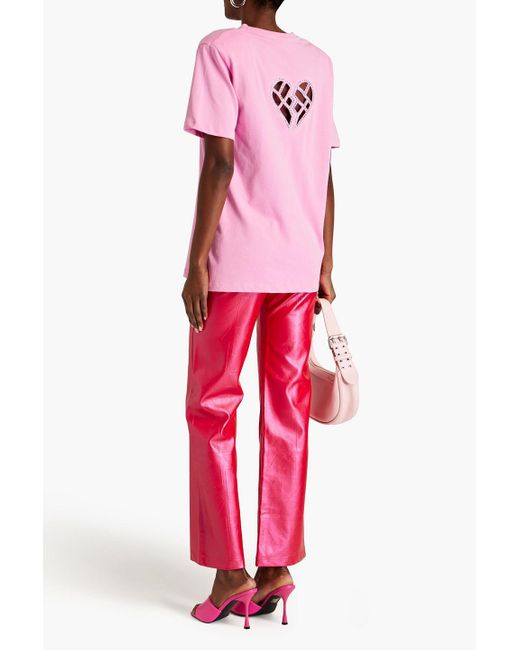 ROTATE BIRGER CHRISTENSEN Pink T-shirt aus lasergeschnittenem baumwoll-jersey mit kristallverzierung