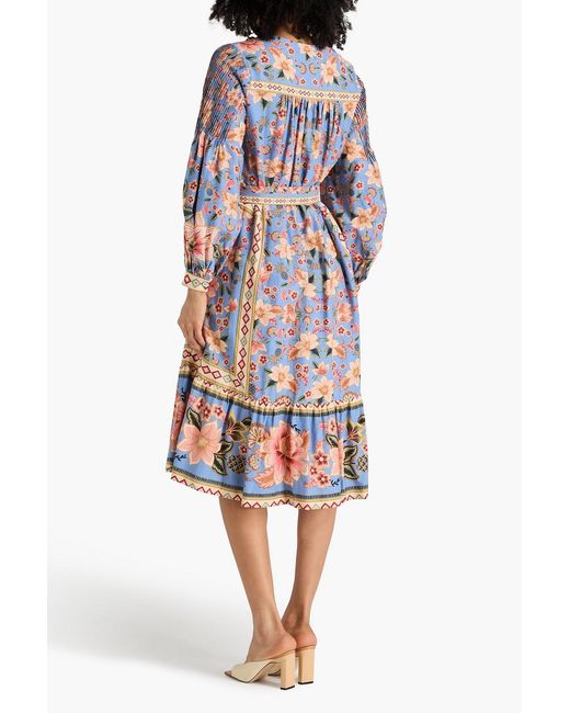 Farm Rio White Floral-print Linen-blend Midi Dress