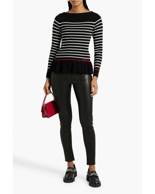 RED Valentino Black Ruffled Striped Ribbed-knit Sweater