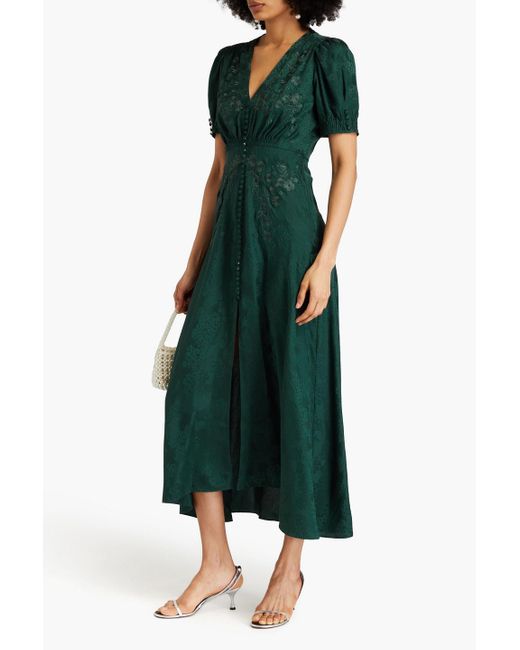 Saloni Green Lea Embroidered Floral-jacquard Silk Maxi Dress