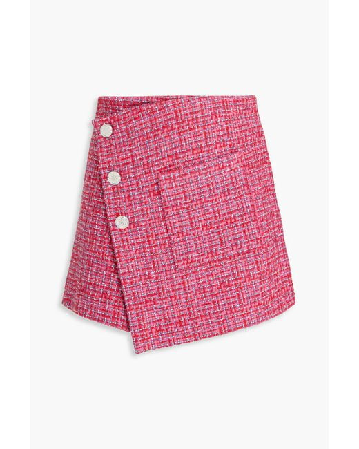 Maje Pink Pleated Wrap-effect Bouclé-tweed Mini Skirt