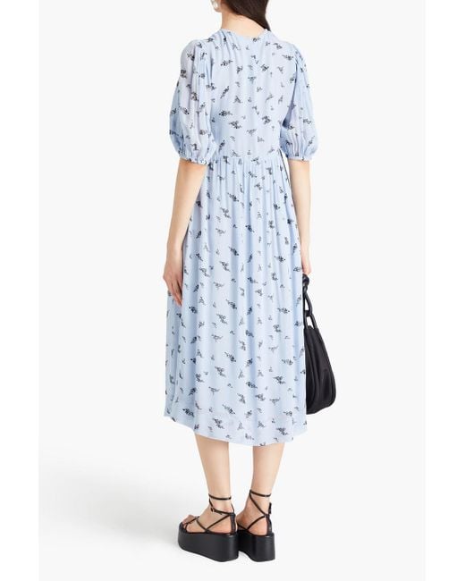Ganni Blue Floral-print Georgette Midi Dress