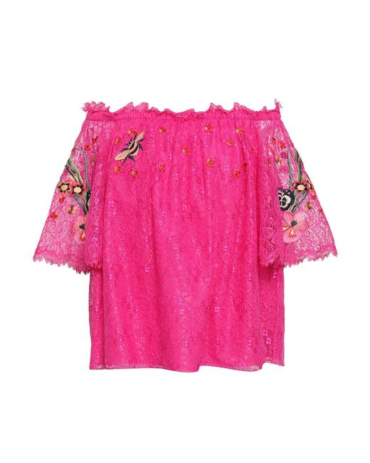 Temperley London Pink Off-the-shoulder Embroidered Lace Top