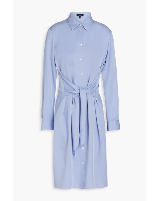 Theory Blue Tie-detailed Silk-satin Shirt Dress