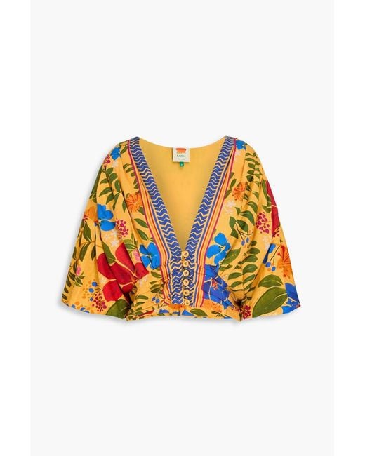 Farm Rio Orange Cropped Floral-Print Linen-Blend Top