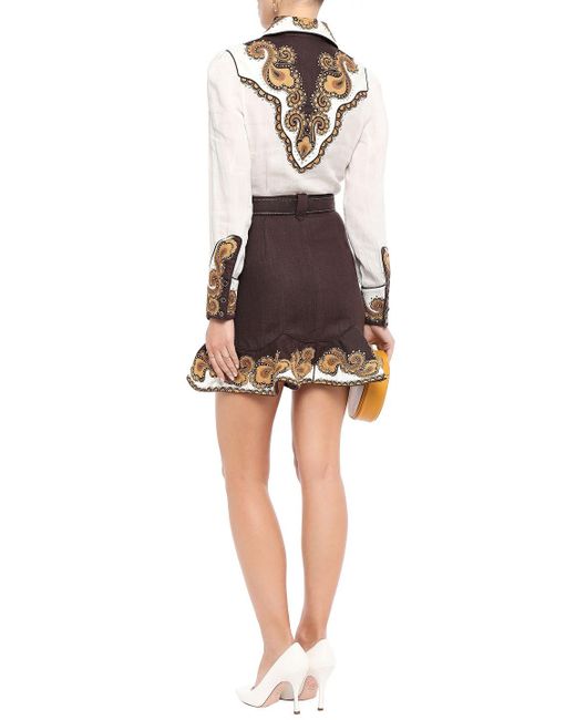 Zimmermann Brown Zippy Dandy Belted Embellished Cotton And Linen-canvas Mini Dress