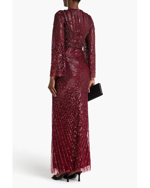 Jenny Packham Red Embellished Draped Tulle Gown