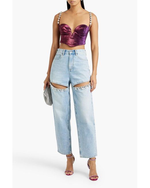 Area Purple Cropped Crystal-embellished Lamé Bustier Top