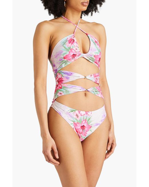 Maje Pink Cutout Knotted Floral-print Halterneck Bandeau Swimsuit