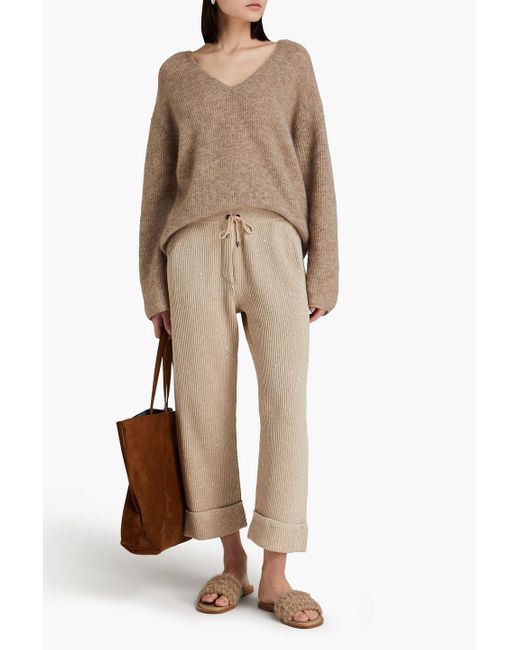 Brunello Cucinelli Natural Cropped Sequin-embellished Cotton-blend Straight-leg Pants