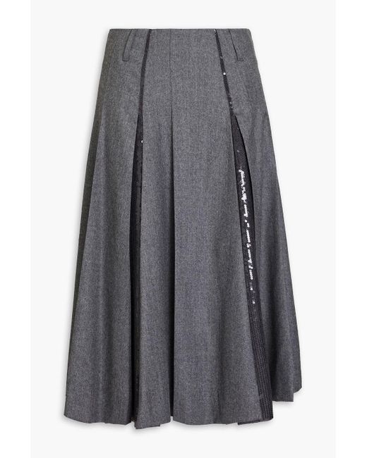 Brunello Cucinelli Gray Pleated Sequin-embellished Wool Skirt
