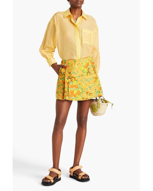 Tory Burch Yellow Pleated Floral-print Cotton-poplin Shorts
