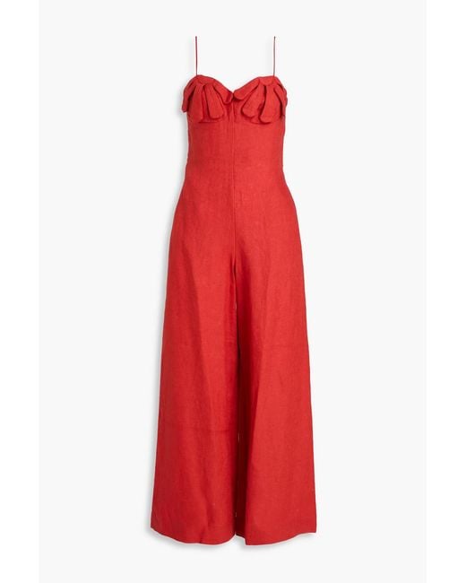Farm Rio Red Floral-appliquéd Linen Wide-leg Jumpsuit