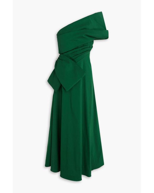 Rachel Gilbert Green Archer One-Shoulder Embellished Dupioni Maxi Dress