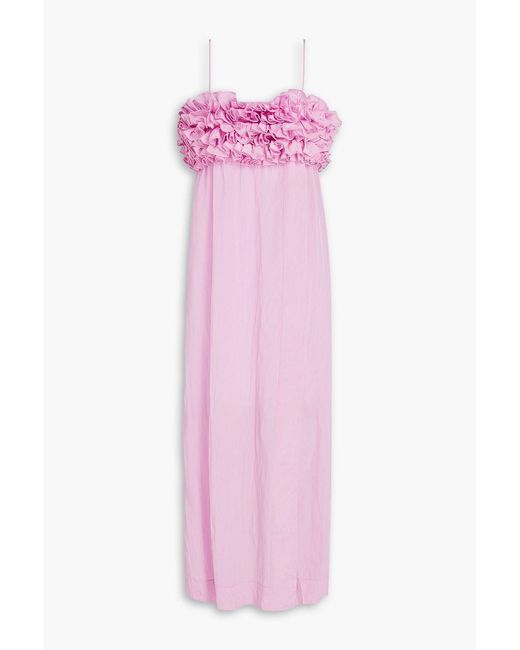 Ganni Pink Ruffled Crinkled-Taffeta Midi Dress