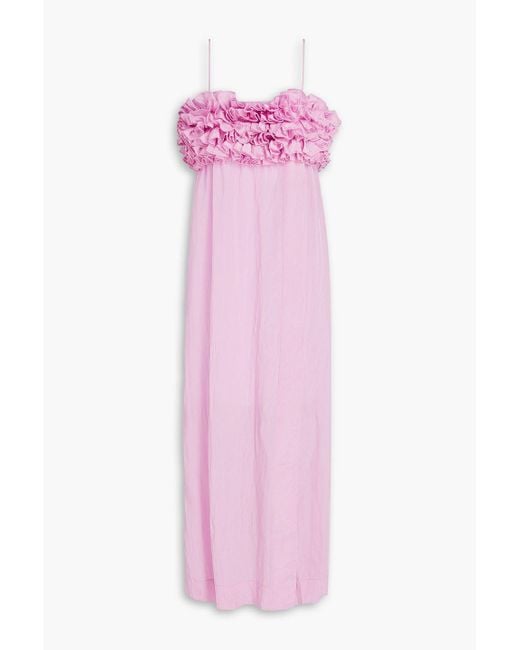 Ganni Pink Ruffled Crinkled-Taffeta Midi Dress