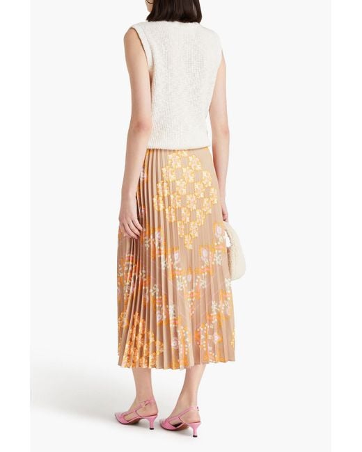 Sandro Natural Pleated Printed Satin Midi Skirt