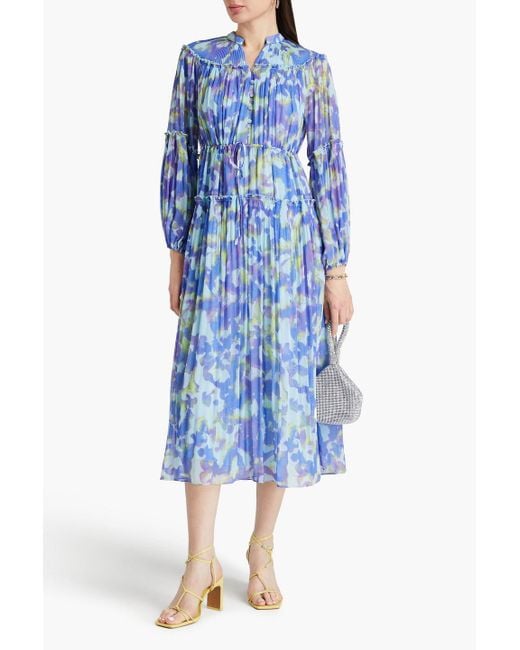 Diane von Furstenberg Blue Link Tiered Printed Plissé-chiffon Midi Dress