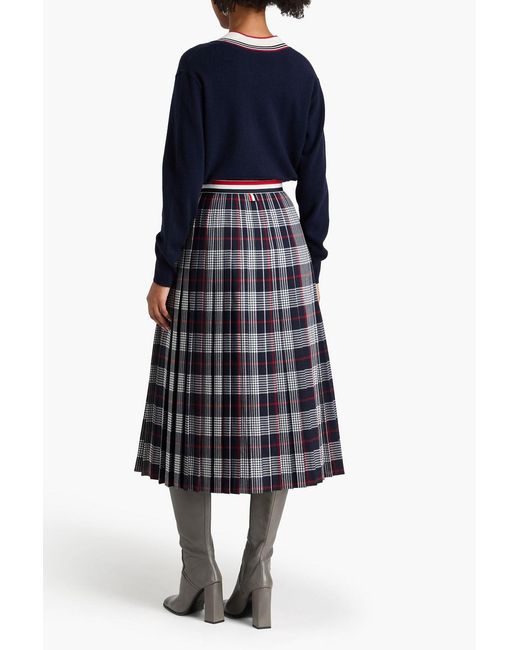 Thom Browne Blue Pleated Checked Wool Midi Skirt